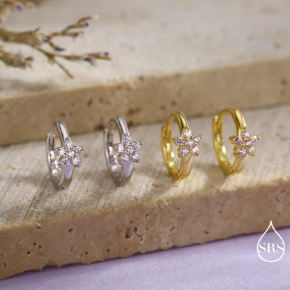 Pale Pink CZ Flower Huggie Hoops, CZ Hoop Earrings, Crystal Flower Huggie Earrings, Pink Hoop Earrings