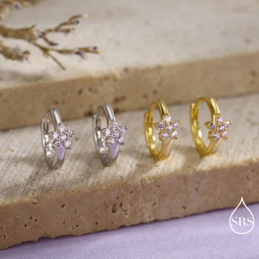 Pale Pink CZ Flower Huggie Hoops, CZ Hoop Earrings, Crystal Flower Huggie Earrings, Pink Hoop Earrings