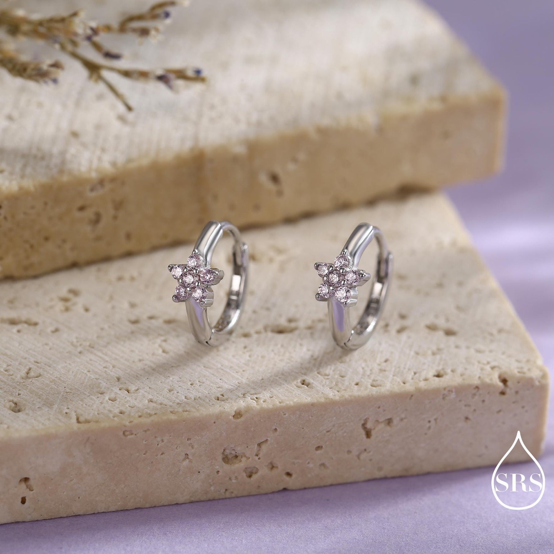 Pale Pink CZ Flower Huggie Hoops, CZ Hoop Earrings, Crystal Flower Huggie Earrings, Pink Hoop Earrings