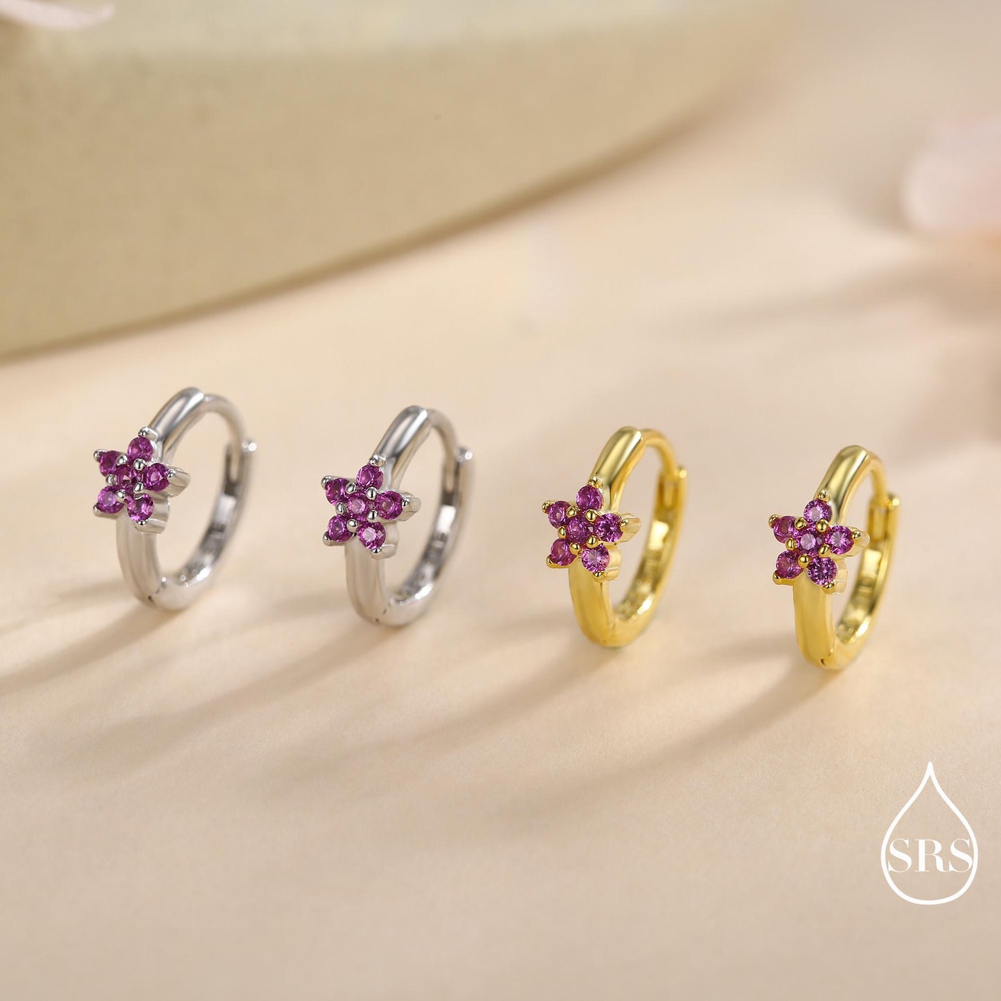 Ruby Pink CZ Flower Huggie Hoops, CZ Hoop Earrings in Sterling Silver, Crystal Flower Huggie Earrings, Pink Hoop Earrings, Ruby Red