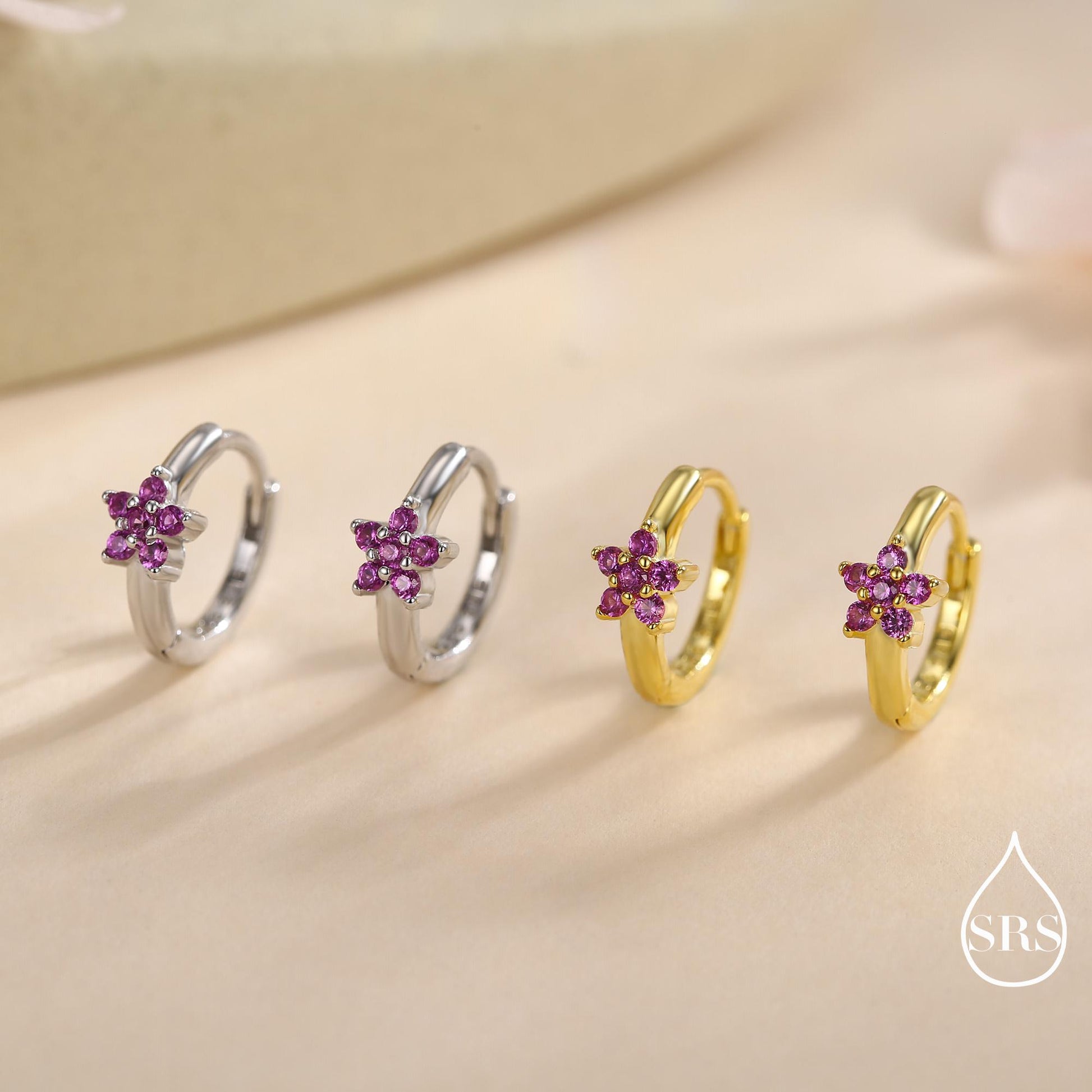 Ruby Pink CZ Flower Huggie Hoops, CZ Hoop Earrings in Sterling Silver, Crystal Flower Huggie Earrings, Pink Hoop Earrings, Ruby Red