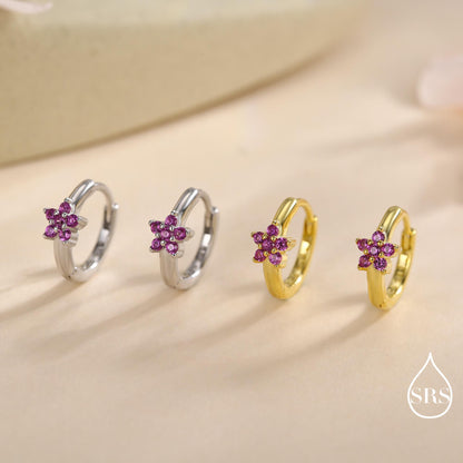 Ruby Pink CZ Flower Huggie Hoops, CZ Hoop Earrings in Sterling Silver, Crystal Flower Huggie Earrings, Pink Hoop Earrings, Ruby Red