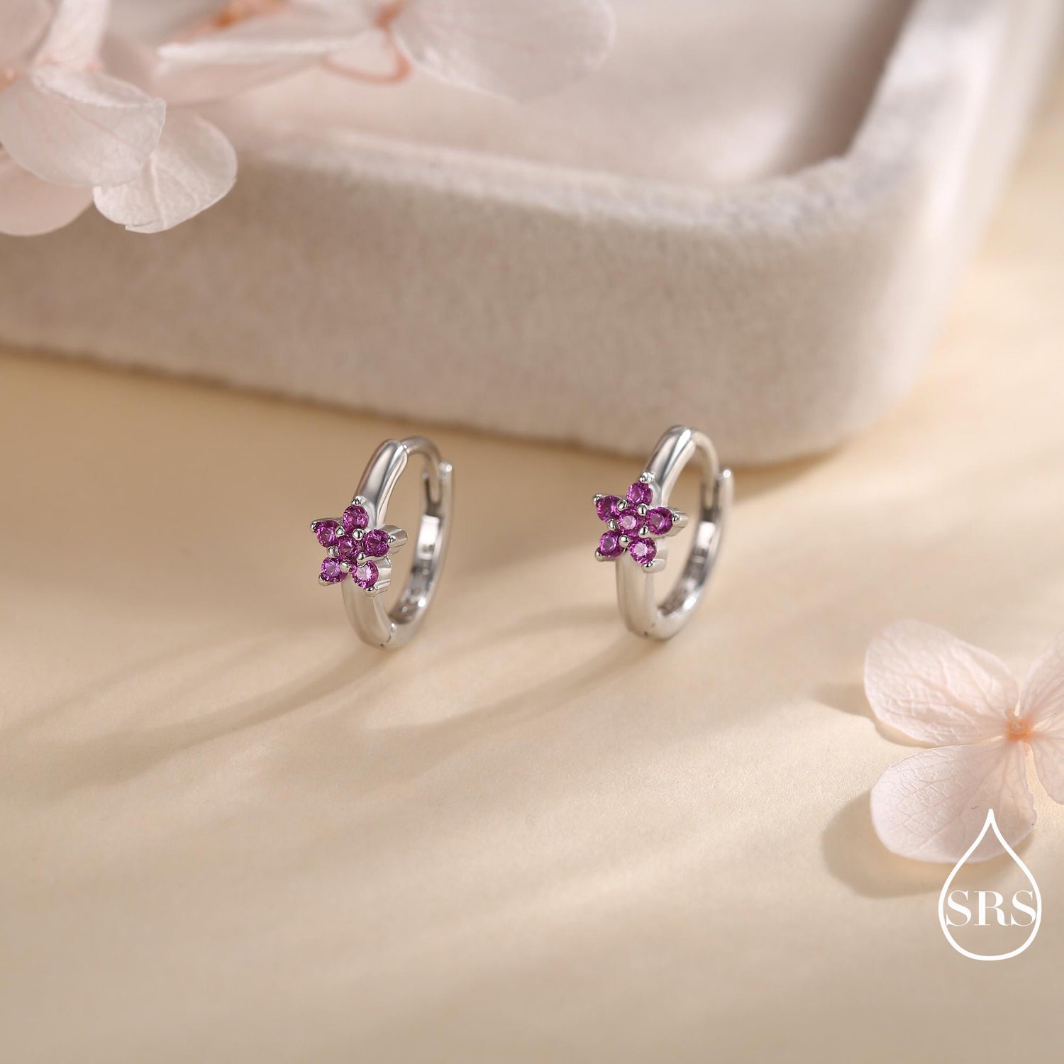 Ruby Pink CZ Flower Huggie Hoops, CZ Hoop Earrings in Sterling Silver, Crystal Flower Huggie Earrings, Pink Hoop Earrings, Ruby Red