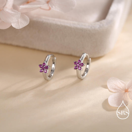 Ruby Pink CZ Flower Huggie Hoops, CZ Hoop Earrings in Sterling Silver, Crystal Flower Huggie Earrings, Pink Hoop Earrings, Ruby Red