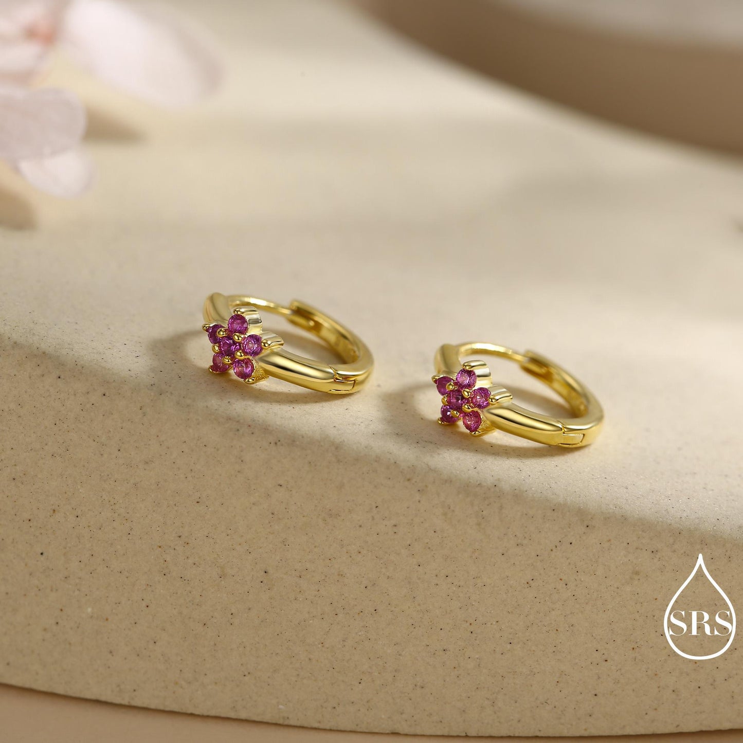 Ruby Pink CZ Flower Huggie Hoops, CZ Hoop Earrings in Sterling Silver, Crystal Flower Huggie Earrings, Pink Hoop Earrings, Ruby Red