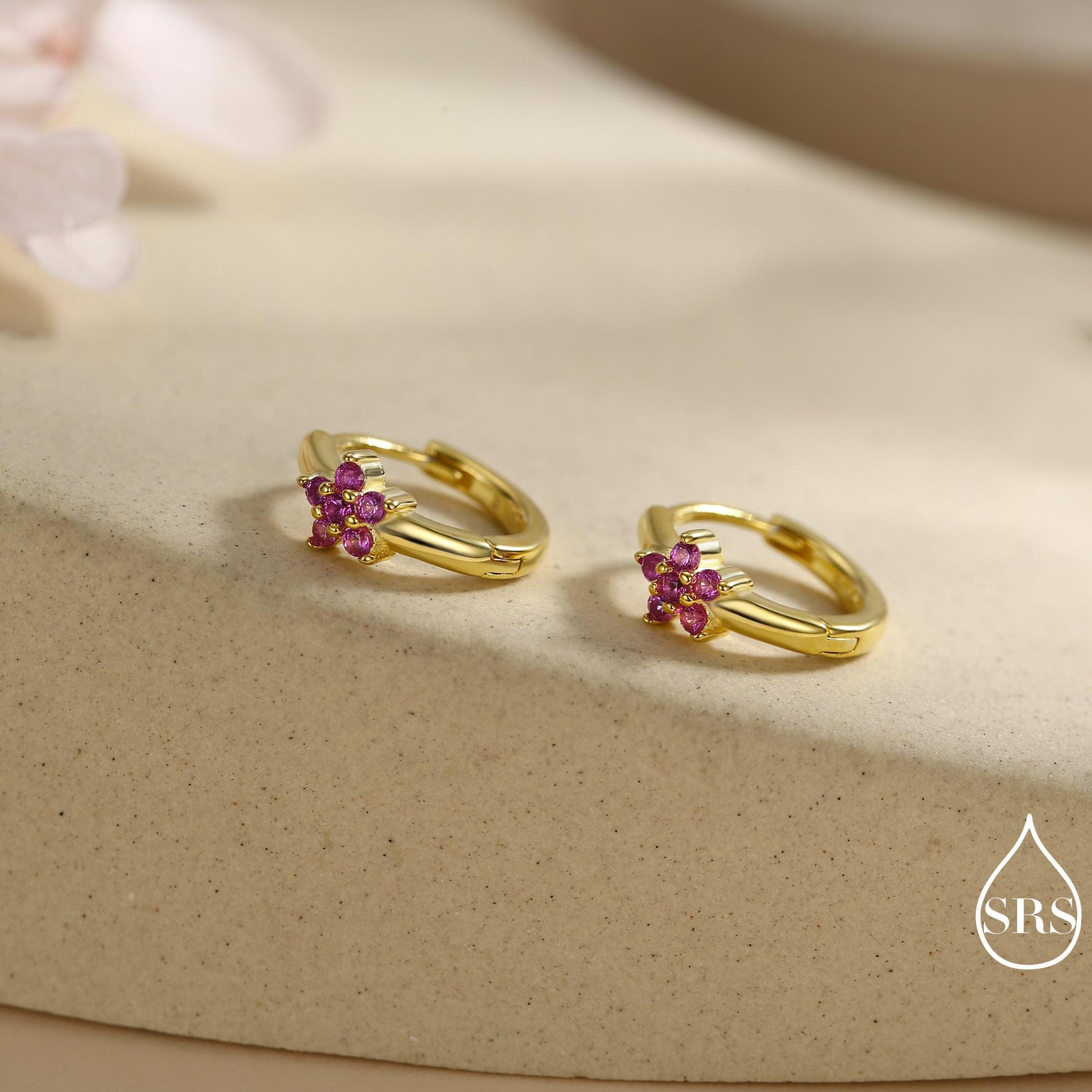 Ruby Pink CZ Flower Huggie Hoops, CZ Hoop Earrings in Sterling Silver, Crystal Flower Huggie Earrings, Pink Hoop Earrings, Ruby Red
