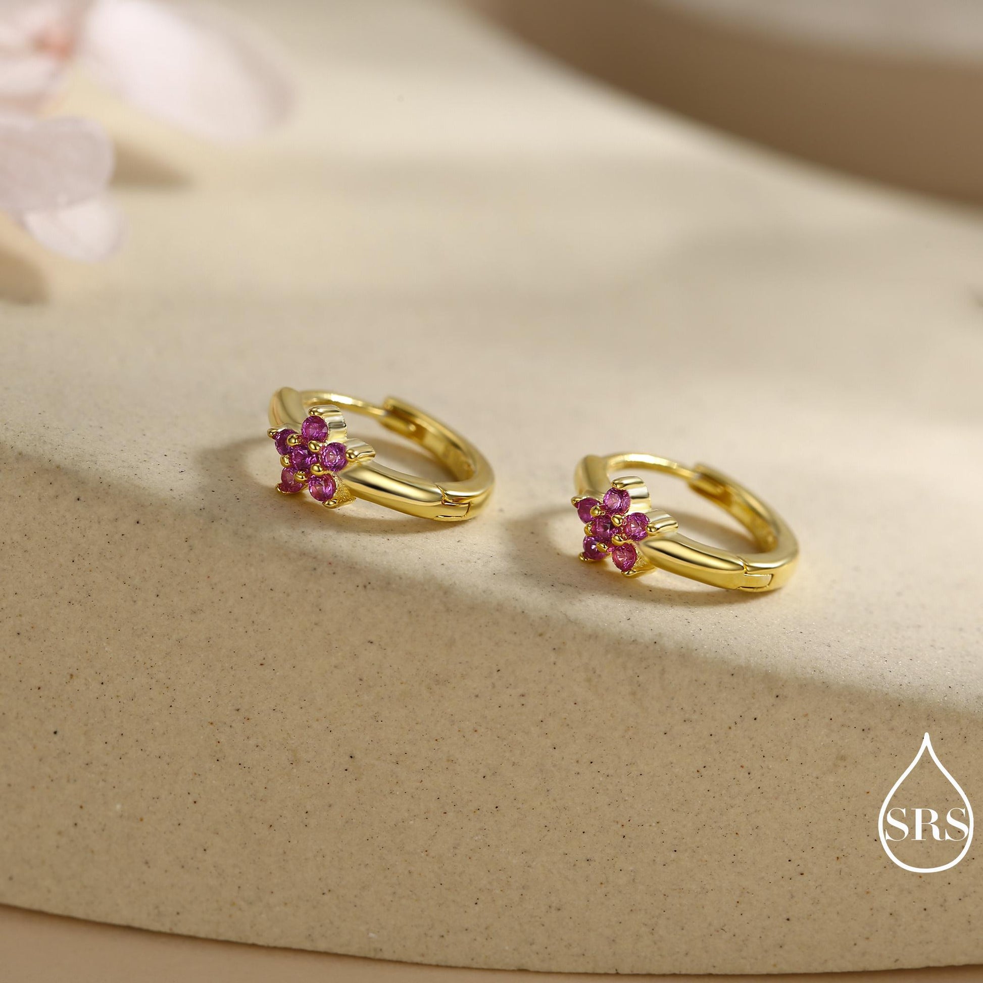 Ruby Pink CZ Flower Huggie Hoops, CZ Hoop Earrings in Sterling Silver, Crystal Flower Huggie Earrings, Pink Hoop Earrings, Ruby Red