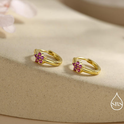 Ruby Pink CZ Flower Huggie Hoops, CZ Hoop Earrings in Sterling Silver, Crystal Flower Huggie Earrings, Pink Hoop Earrings, Ruby Red