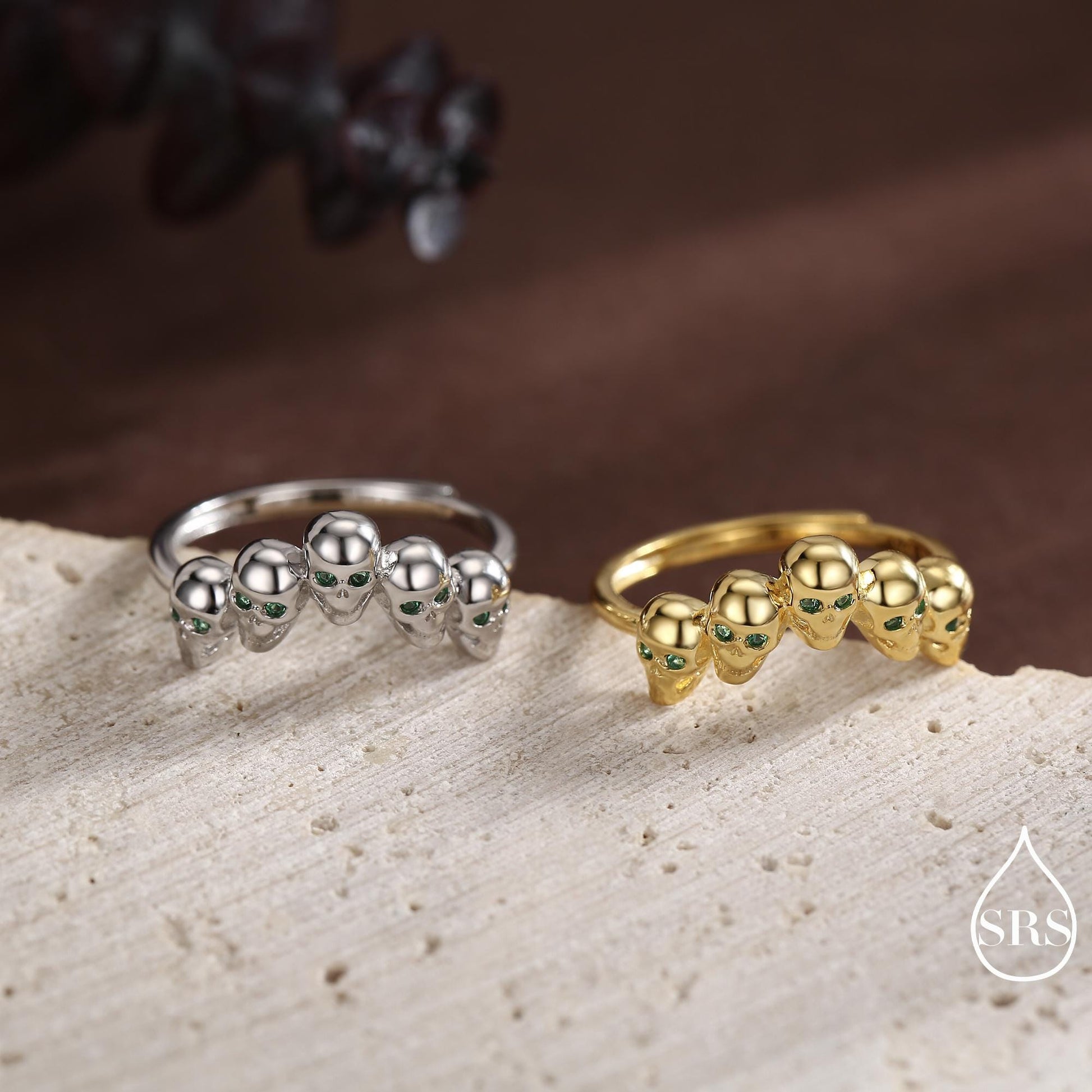 Sterling Silver Skull Motif Ring with Emerald Green CZ, Silver Skull V Shape Ring, Tiny Skull Chevron Adjustable Skeleton Ring