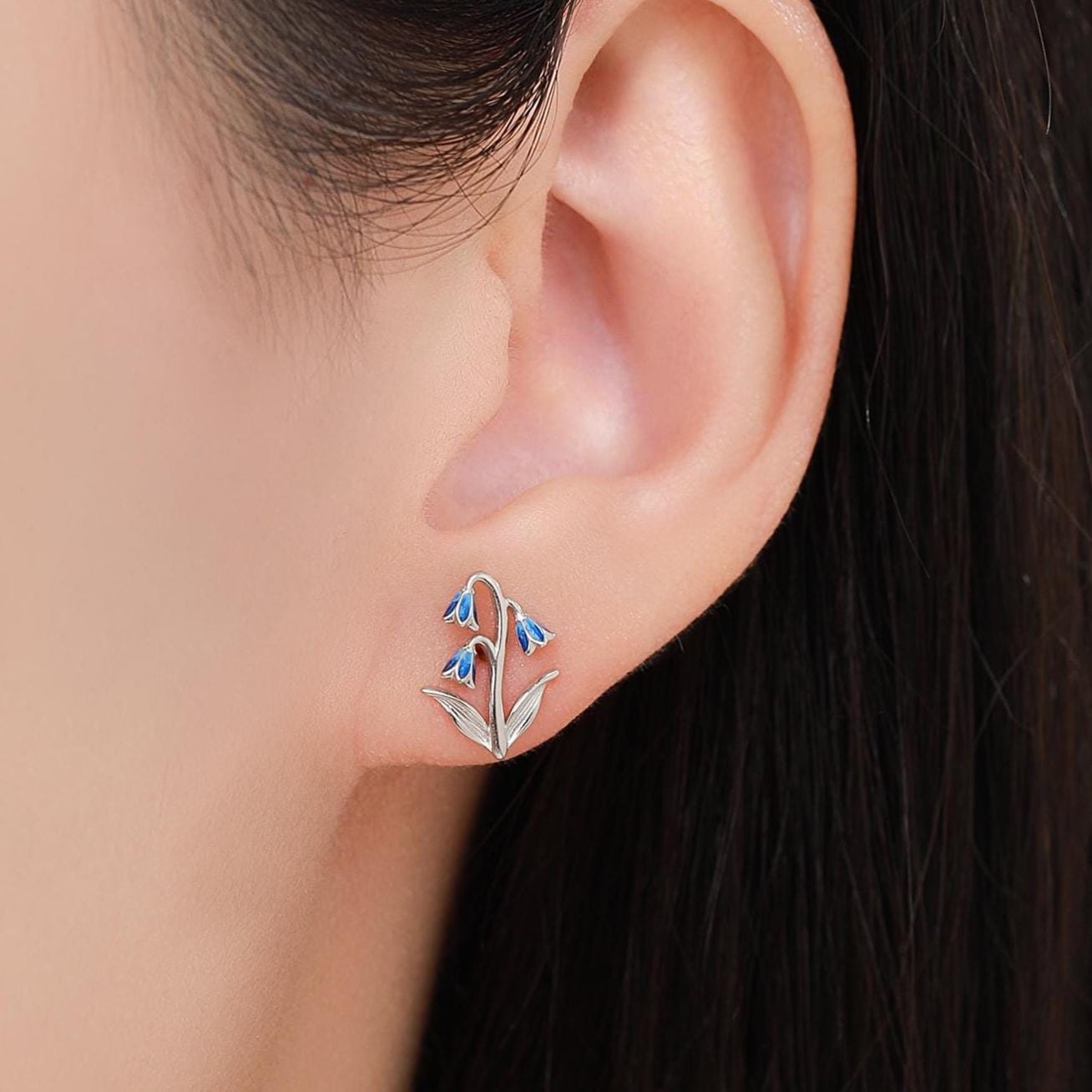 Sterling Silver Delicate Bluebell Flower Stud Earrings with Enamel, Dainty Bluebell Flower Earrings, Snowdrop Earrings, Spring Flowers
