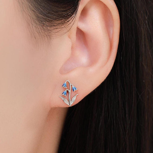 Sterling Silver Delicate Bluebell Flower Stud Earrings with Enamel, Dainty Bluebell Flower Earrings, Snowdrop Earrings, Spring Flowers