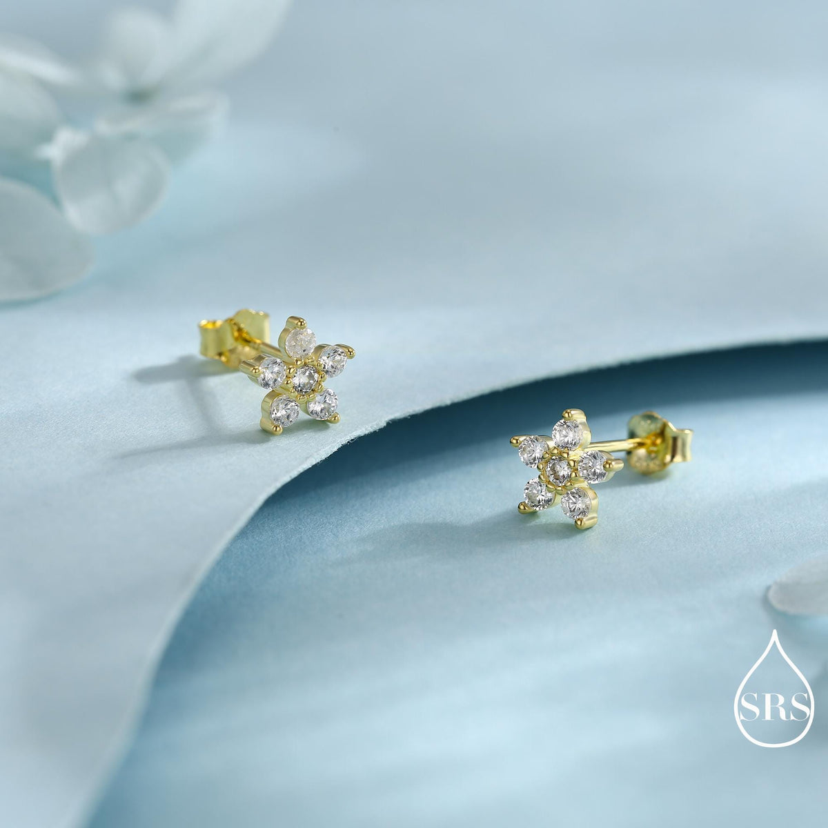 Sparkly Forget-me-not Flower Tiny Stud Earrings in Sterling Silver with CZ Crystals, Extra Tiny, Nature Inspired Design, Delicate and Pretty