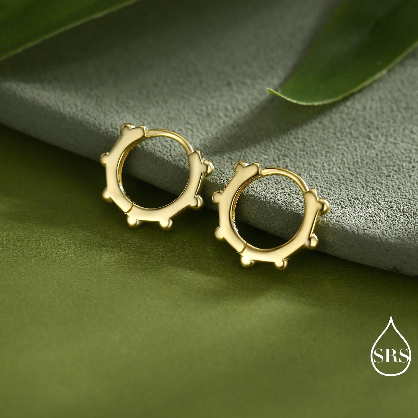 Dotted Huggie Hoop in Sterling Silver, 8mm Huggie Hoops, Geometric Beaded Hoop Earrings, Gold or Silver