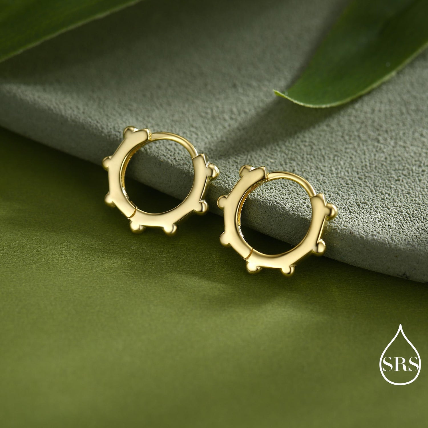 Dotted Huggie Hoop in Sterling Silver, 8mm Huggie Hoops, Geometric Beaded Hoop Earrings, Gold or Silver