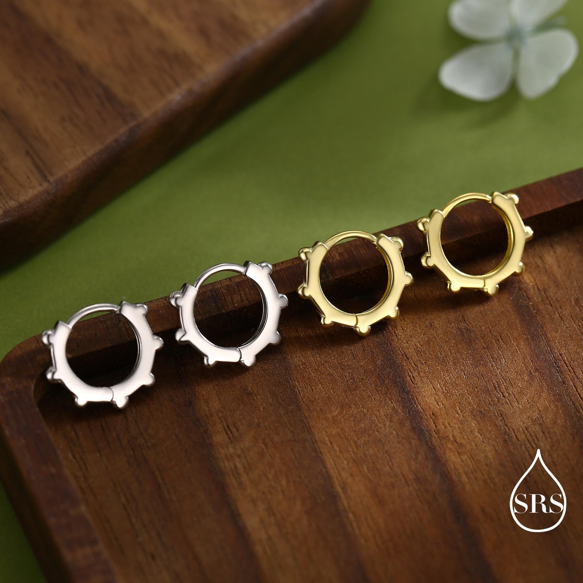 Dotted Huggie Hoop in Sterling Silver, 8mm Huggie Hoops, Geometric Beaded Hoop Earrings, Gold or Silver