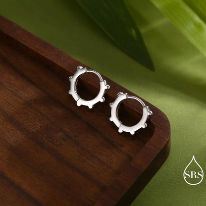 Dotted Huggie Hoop in Sterling Silver, 8mm Huggie Hoops, Geometric Beaded Hoop Earrings, Gold or Silver