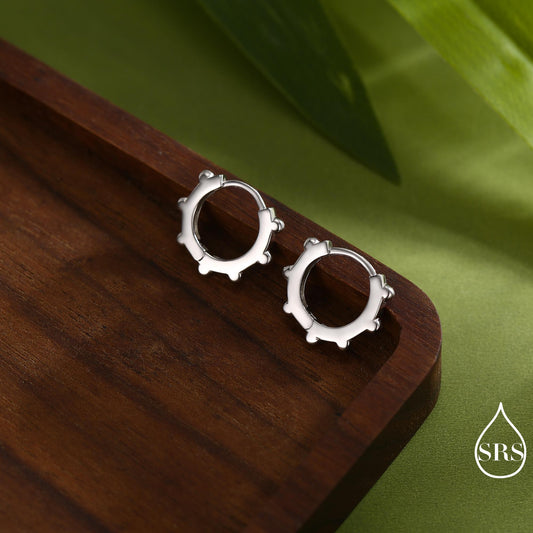 Dotted Huggie Hoop in Sterling Silver, 8mm Huggie Hoops, Geometric Beaded Hoop Earrings, Gold or Silver