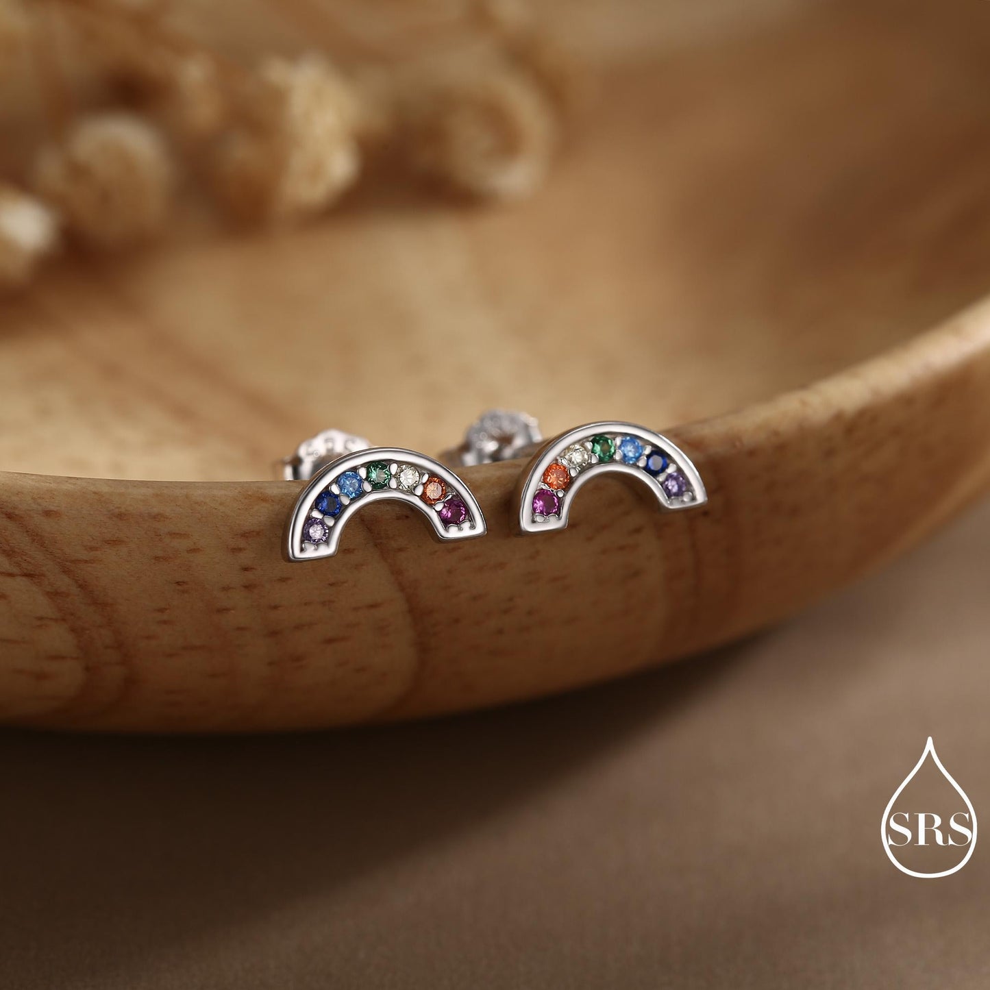 Sterling Silver CZ Crystal Rainbow Stud Earrings, Gold and Silver, Cute and Quirky Jewellery