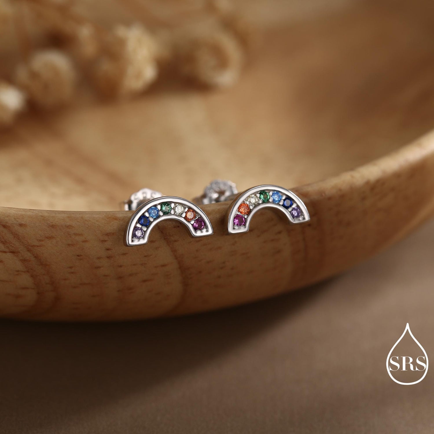 Sterling Silver CZ Crystal Rainbow Stud Earrings, Gold and Silver, Cute and Quirky Jewellery