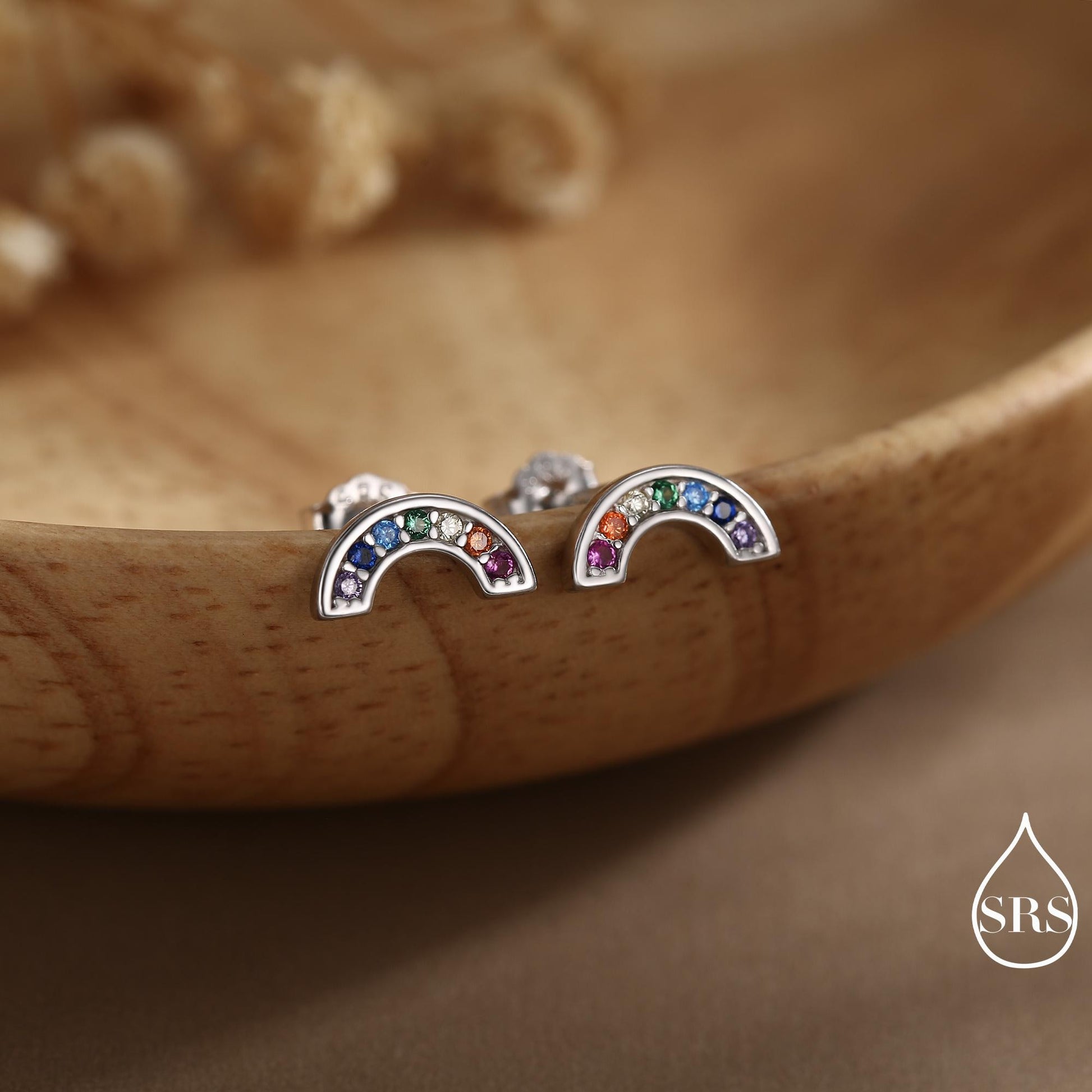 Sterling Silver CZ Crystal Rainbow Stud Earrings, Gold and Silver, Cute and Quirky Jewellery