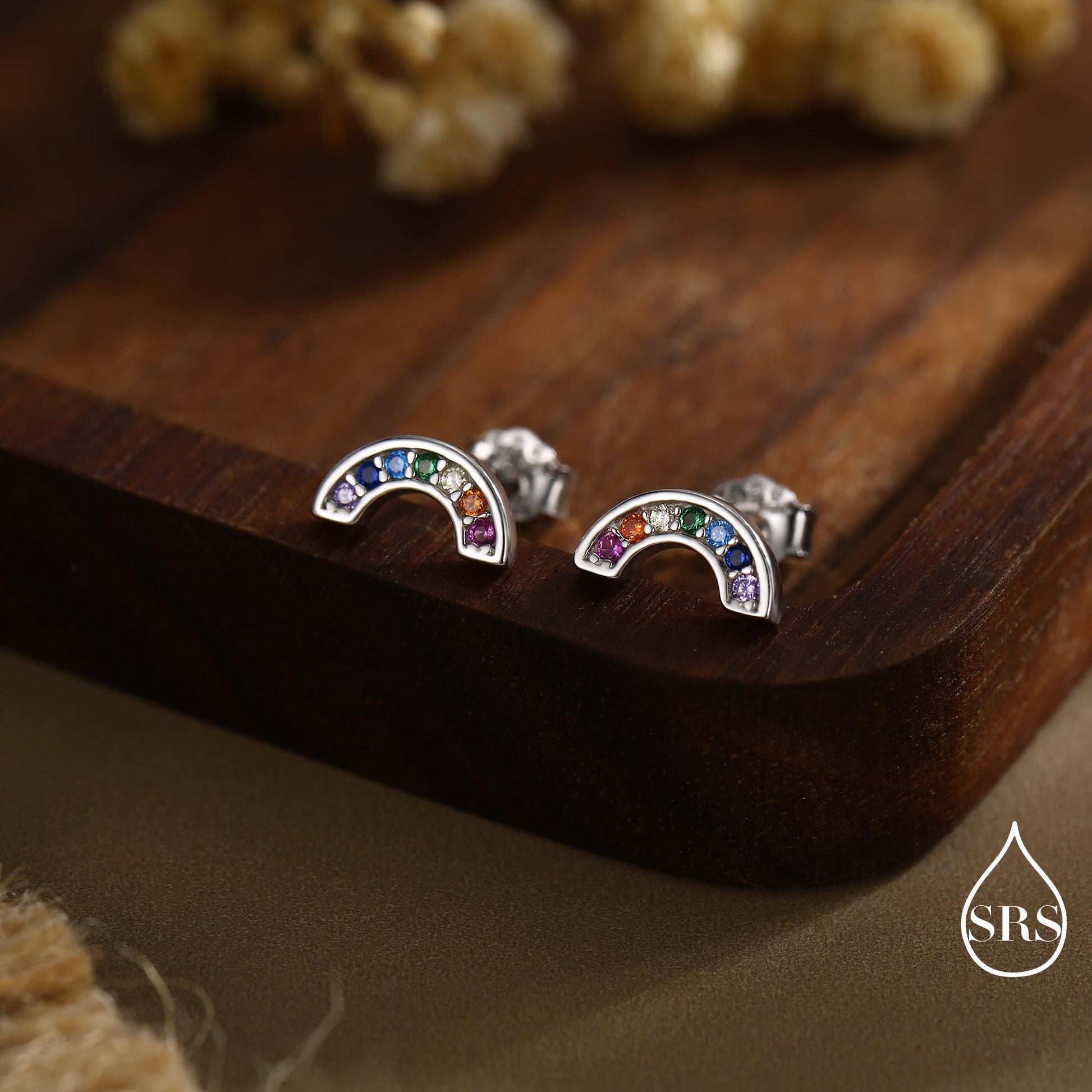 Sterling Silver CZ Crystal Rainbow Stud Earrings, Gold and Silver, Cute and Quirky Jewellery