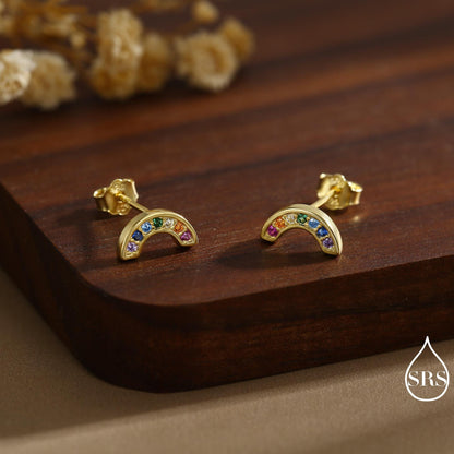Sterling Silver CZ Crystal Rainbow Stud Earrings, Gold and Silver, Cute and Quirky Jewellery