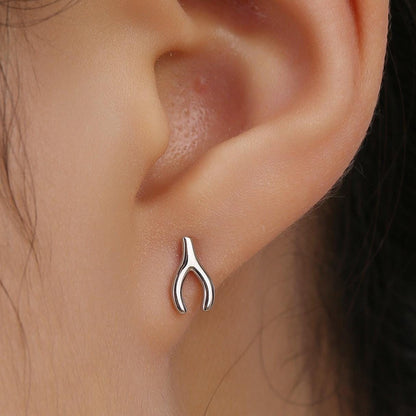 Mismatched Wishbone and Shamrock Leaf Stud Earrings in Sterling Silver, Silver, Gold or Rose Gold Finish, Asymmetric Small Good Luck Earring