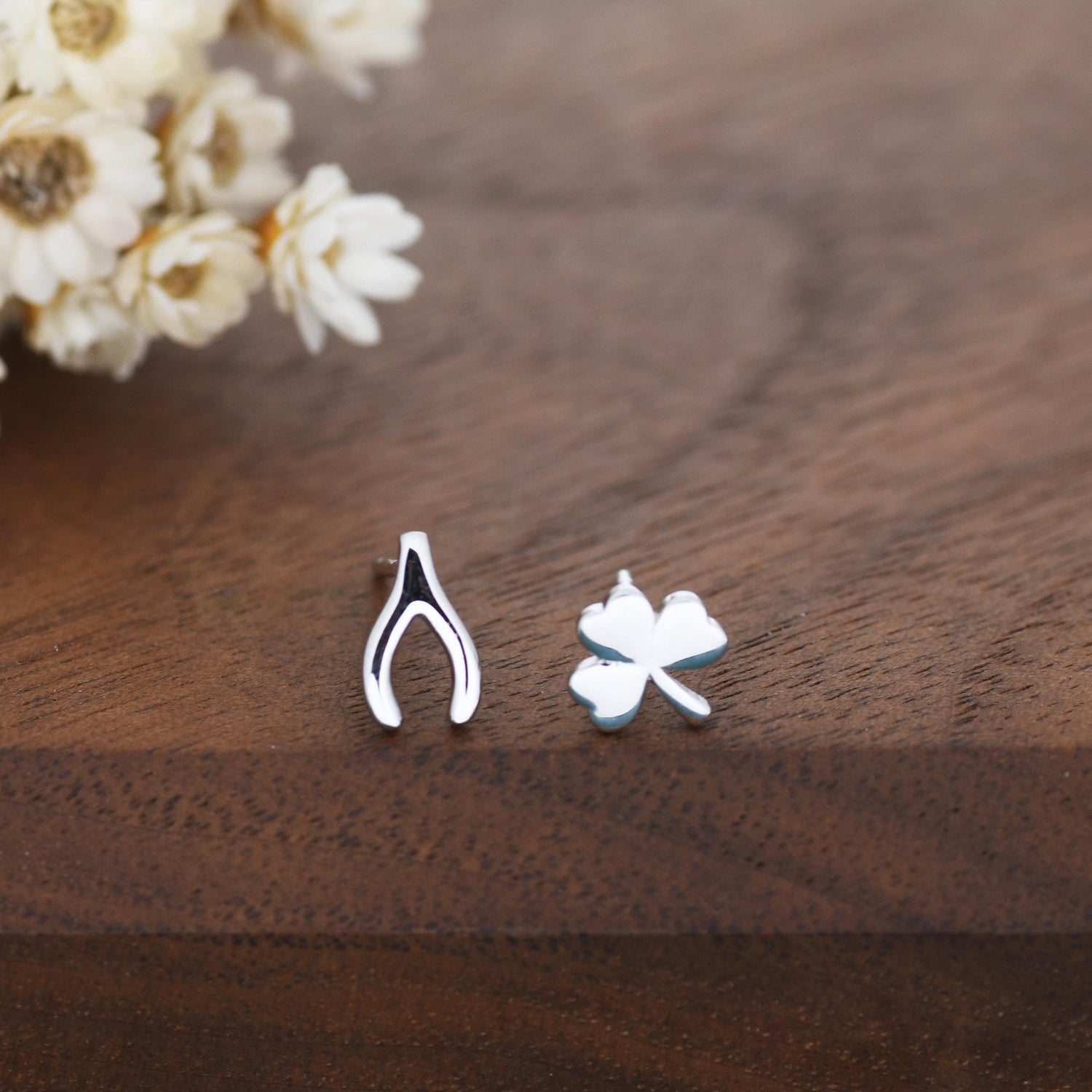 Mismatched Wishbone and Shamrock Leaf Stud Earrings in Sterling Silver, Silver, Gold or Rose Gold Finish, Asymmetric Small Good Luck Earring