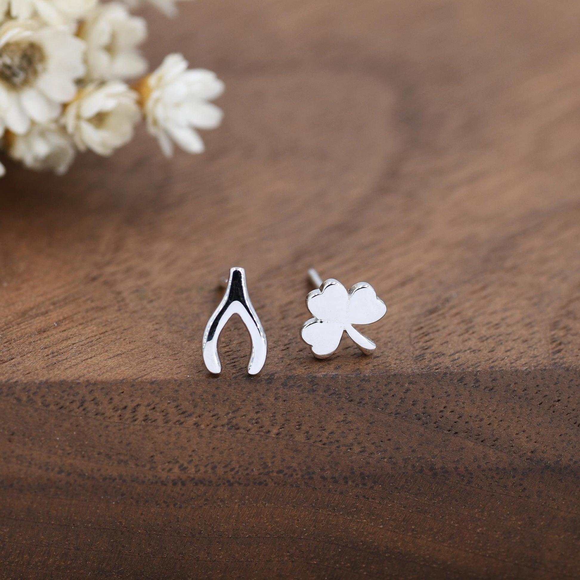 Mismatched Wishbone and Shamrock Leaf Stud Earrings in Sterling Silver, Silver, Gold or Rose Gold Finish, Asymmetric Small Good Luck Earring