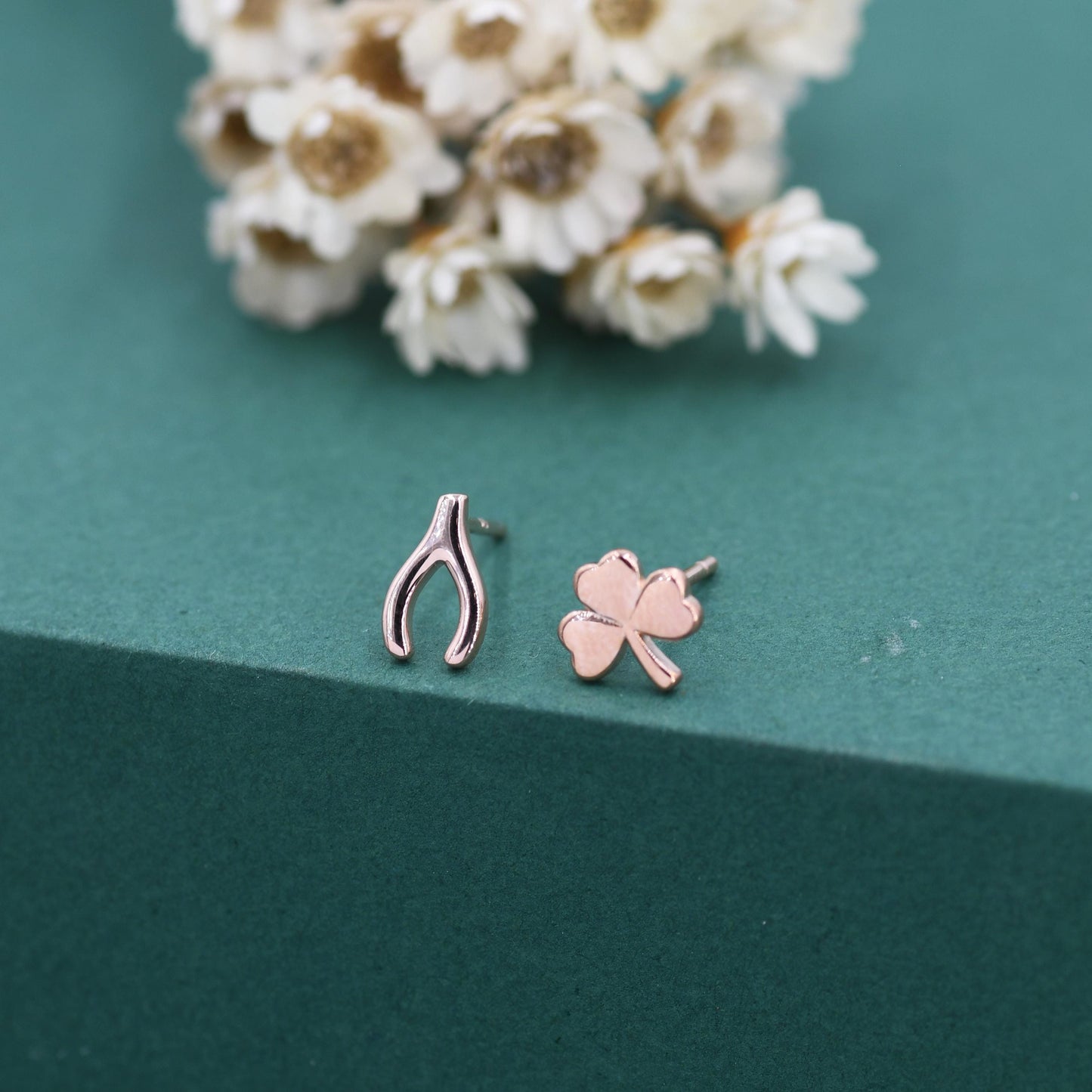 Mismatched Wishbone and Shamrock Leaf Stud Earrings in Sterling Silver, Silver, Gold or Rose Gold Finish, Asymmetric Small Good Luck Earring