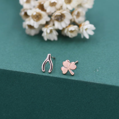 Mismatched Wishbone and Shamrock Leaf Stud Earrings in Sterling Silver, Silver, Gold or Rose Gold Finish, Asymmetric Small Good Luck Earring