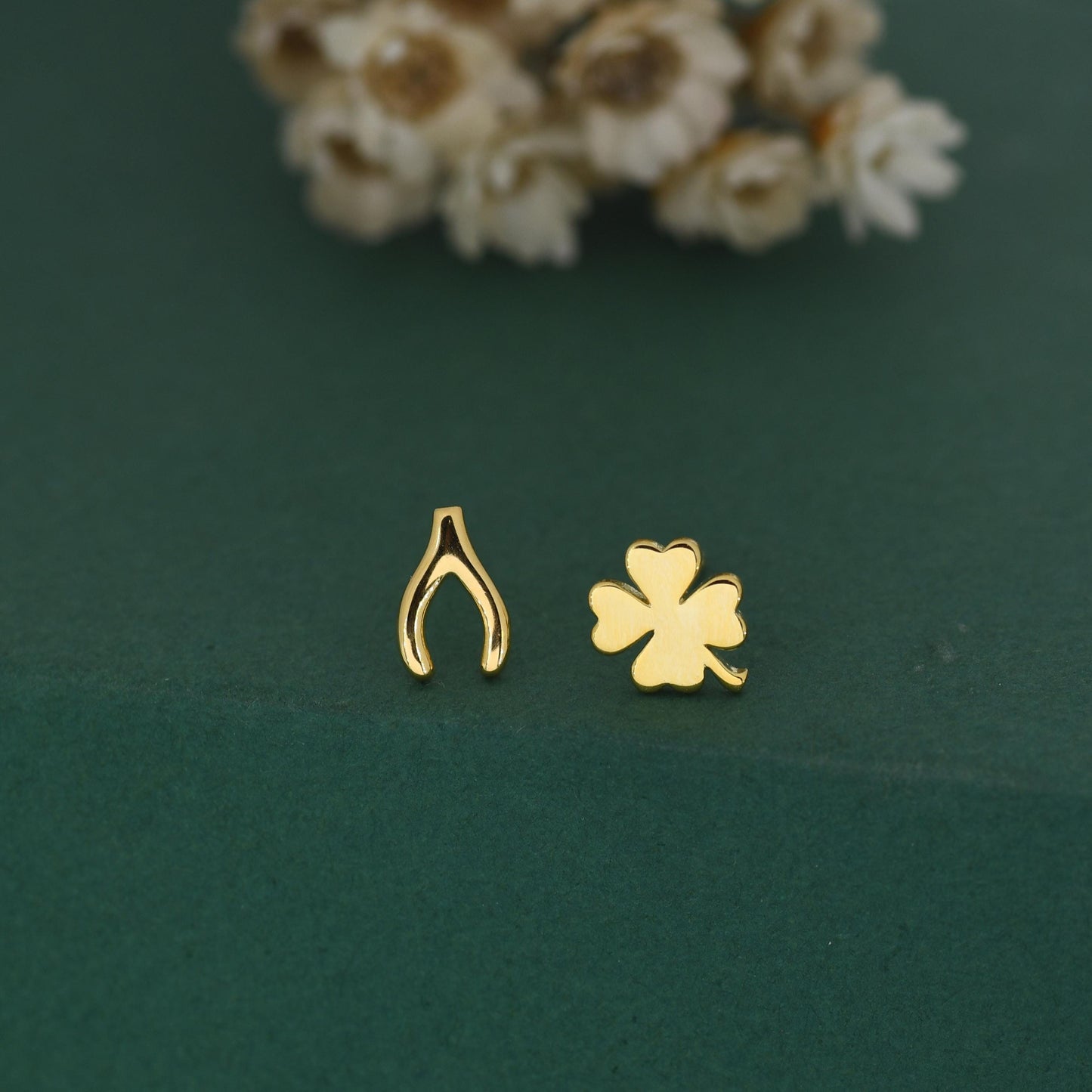 Mismatched Wishbone and Clover Leaf Stud Earrings in Sterling Silver, Silver, Gold or Rose Gold Finish, Asymmetric Small Good Luck Earring