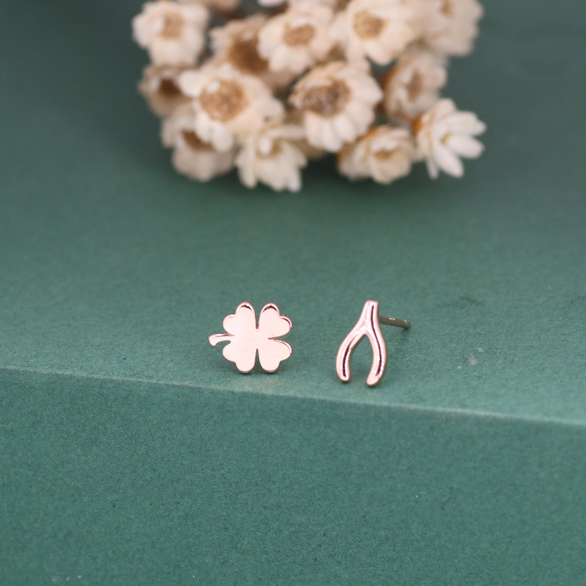 Mismatched Wishbone and Clover Leaf Stud Earrings in Sterling Silver, Silver, Gold or Rose Gold Finish, Asymmetric Small Good Luck Earring