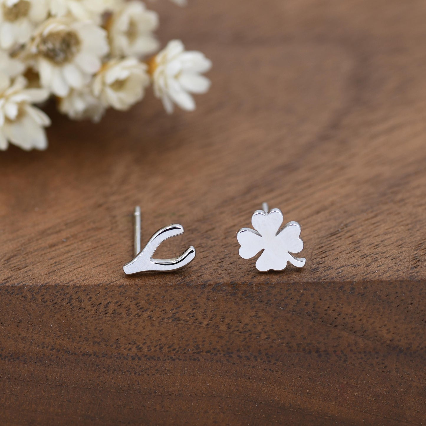 Mismatched Wishbone and Clover Leaf Stud Earrings in Sterling Silver, Silver, Gold or Rose Gold Finish, Asymmetric Small Good Luck Earring