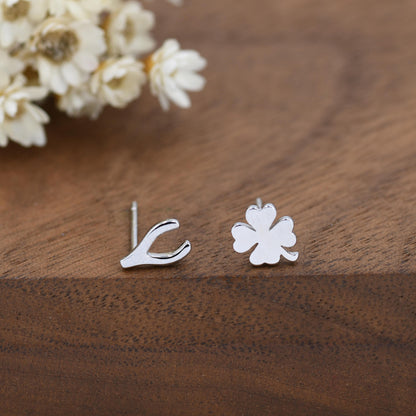 Mismatched Wishbone and Clover Leaf Stud Earrings in Sterling Silver, Silver, Gold or Rose Gold Finish, Asymmetric Small Good Luck Earring
