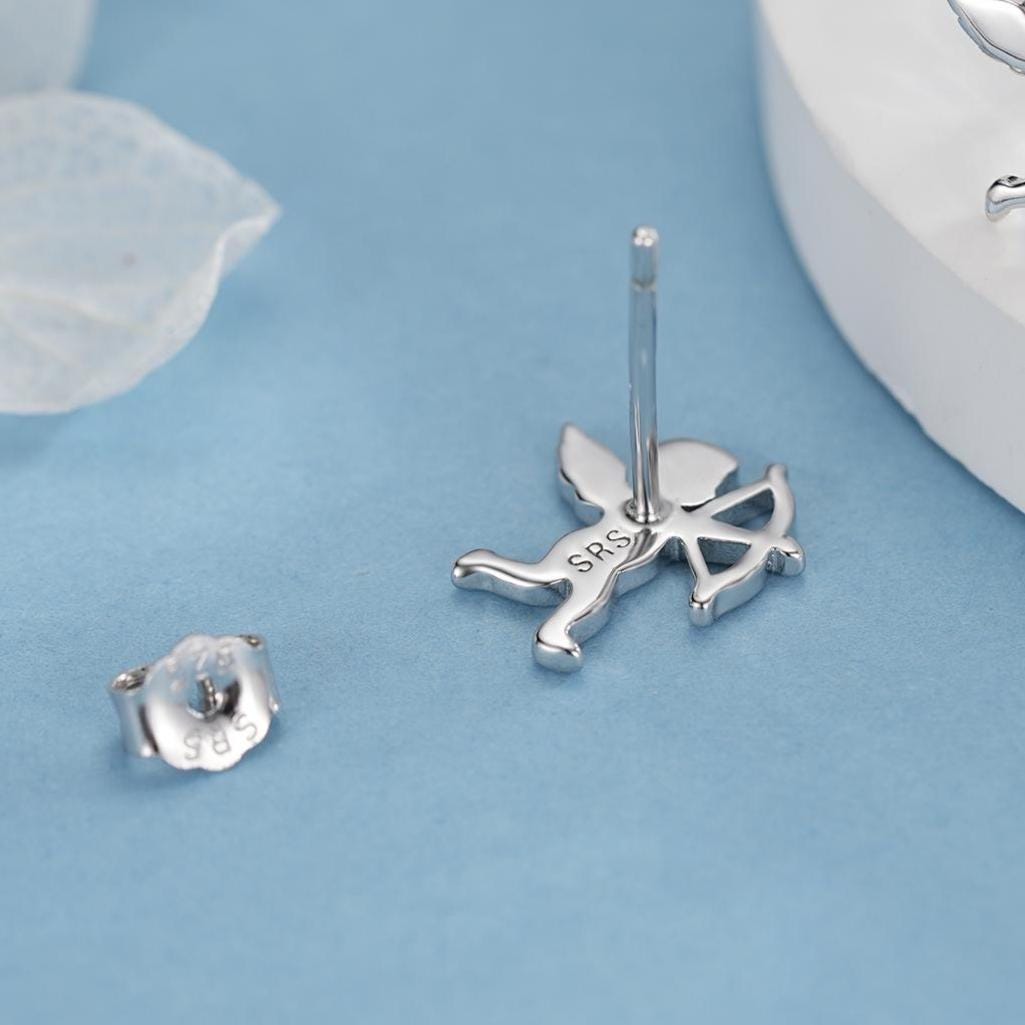 Sterling Silver Cupid and Bow & Arrow Stud Earrings – Mismatched Love and Valentine’s Jewellery - Asymmetric Angel Earrings