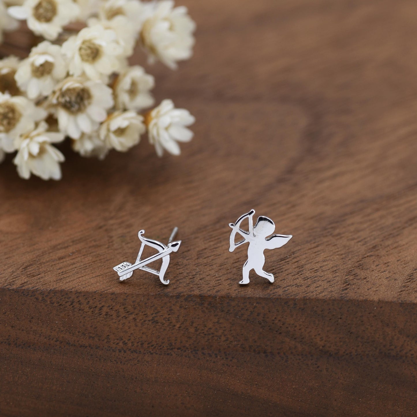 Sterling Silver Cupid and Bow & Arrow Stud Earrings – Mismatched Love and Valentine’s Jewellery - Asymmetric Angel Earrings