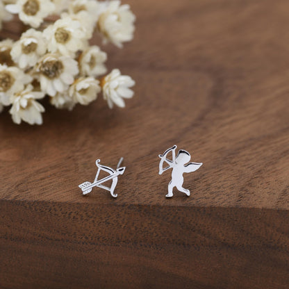 Sterling Silver Cupid and Bow & Arrow Stud Earrings – Mismatched Love and Valentine’s Jewellery - Asymmetric Angel Earrings