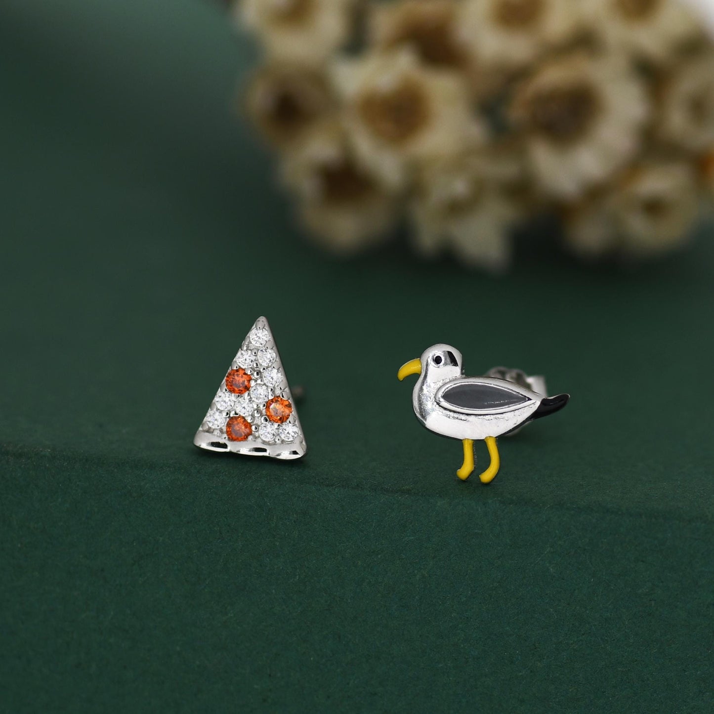 Sterling Silver Mismatched Pizza Slice and Seagull Stud Earrings – Fun Food & Bird Jewellery