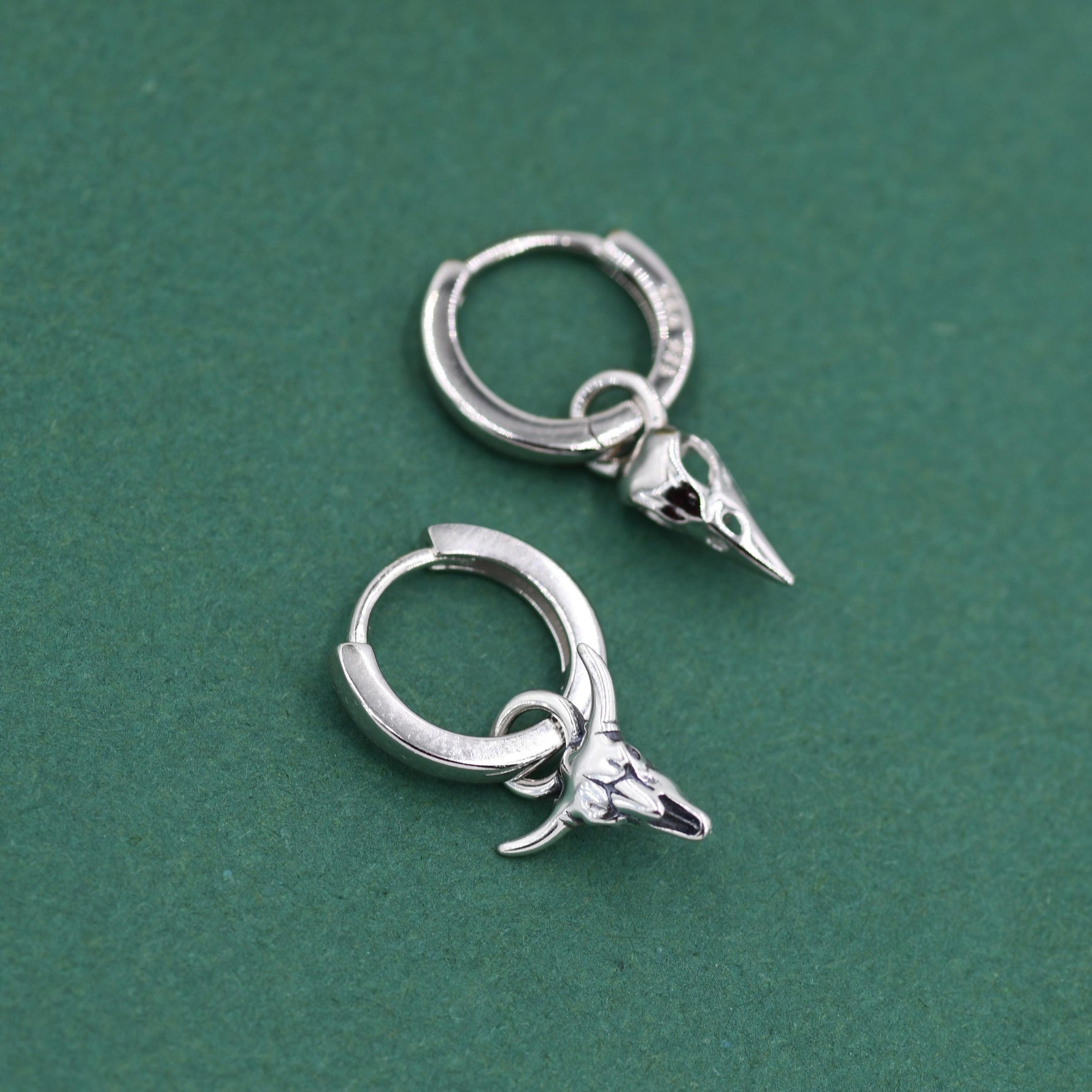 Sterling Silver Mismatched Bull Skull and Bird Skull Hoop Earrings – Gothic Western Statement Jewellery, Asymmetric Animal Skull Earrings