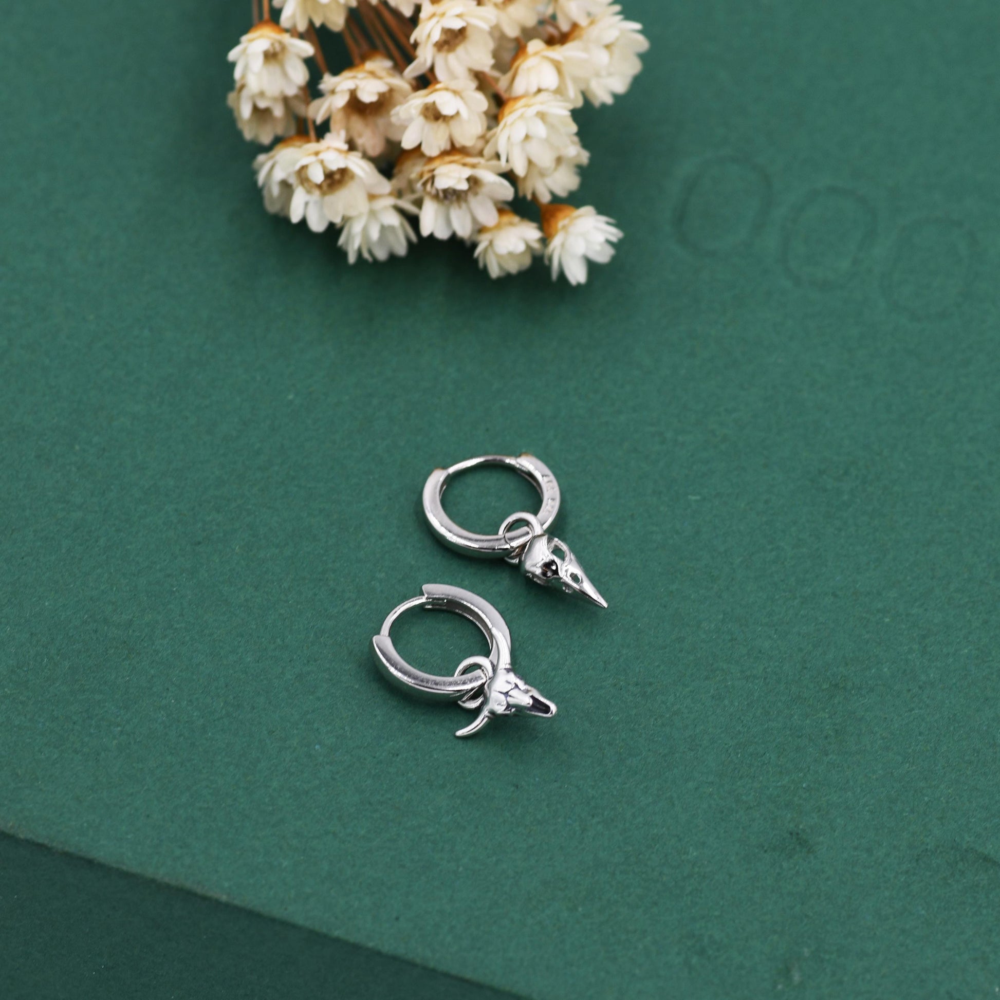 Sterling Silver Mismatched Bull Skull and Bird Skull Hoop Earrings – Gothic Western Statement Jewellery, Asymmetric Animal Skull Earrings