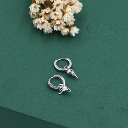 Sterling Silver Mismatched Bull Skull and Bird Skull Hoop Earrings – Gothic Western Statement Jewellery, Asymmetric Animal Skull Earrings