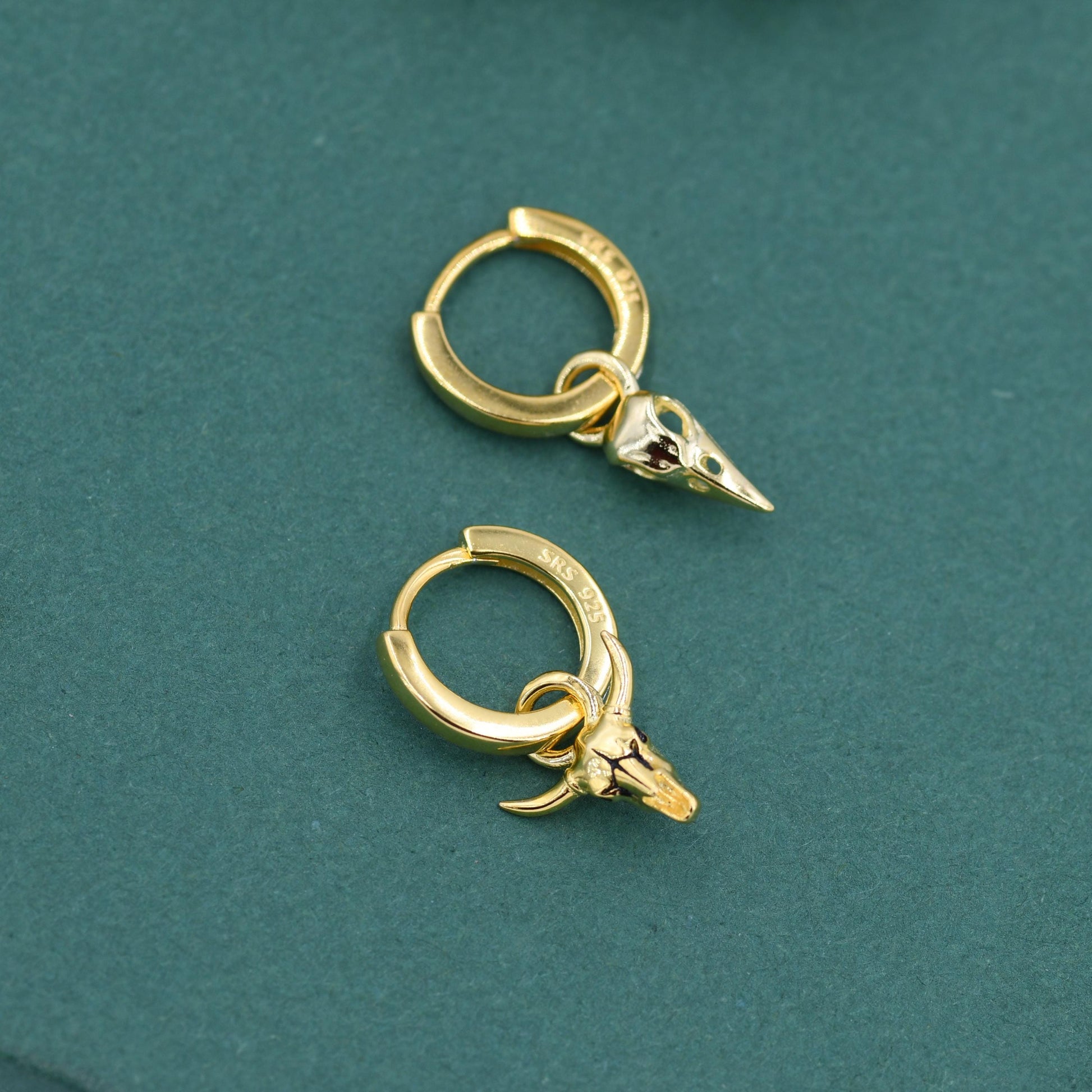 Sterling Silver Mismatched Bull Skull and Bird Skull Hoop Earrings – Gothic Western Statement Jewellery, Asymmetric Animal Skull Earrings