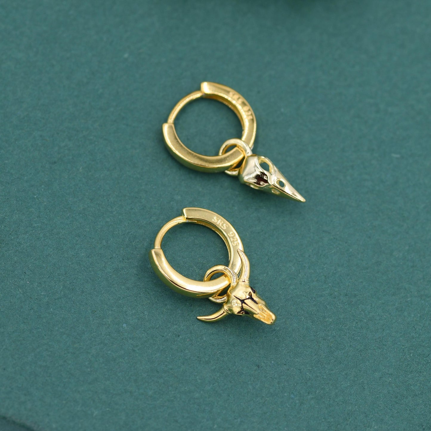 Sterling Silver Mismatched Bull Skull and Bird Skull Hoop Earrings – Gothic Western Statement Jewellery, Asymmetric Animal Skull Earrings