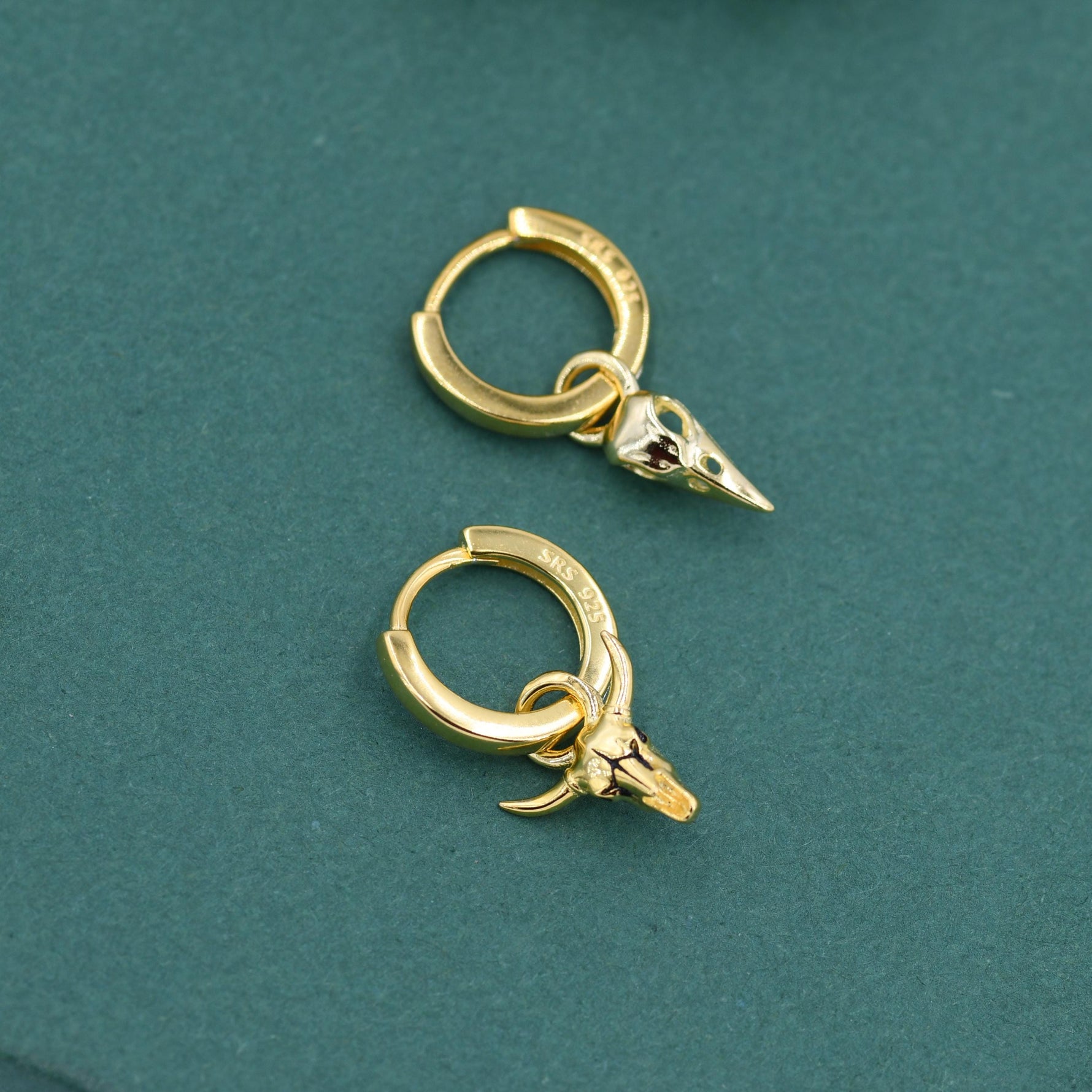 Sterling Silver Mismatched Bull Skull and Bird Skull Hoop Earrings – Gothic Western Statement Jewellery, Asymmetric Animal Skull Earrings