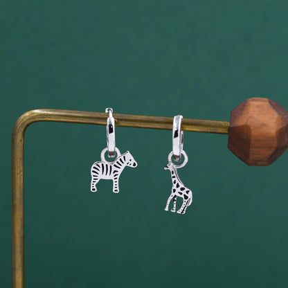 Sterling Silver Mismatched Zebra and Giraffe Hoop Earrings – Safari Animal Jewellery for Nature Lovers, Detachable Hoops
