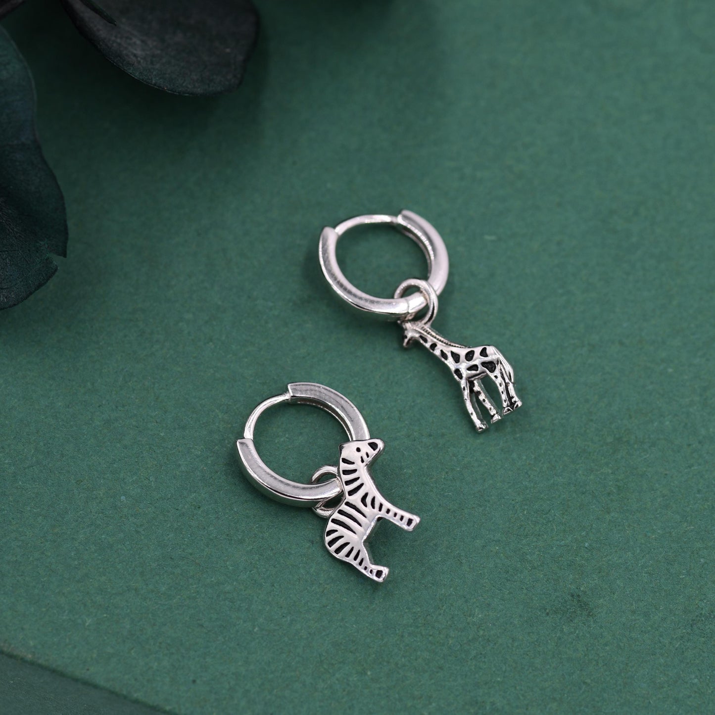 Sterling Silver Mismatched Zebra and Giraffe Hoop Earrings – Safari Animal Jewellery for Nature Lovers, Detachable Hoops