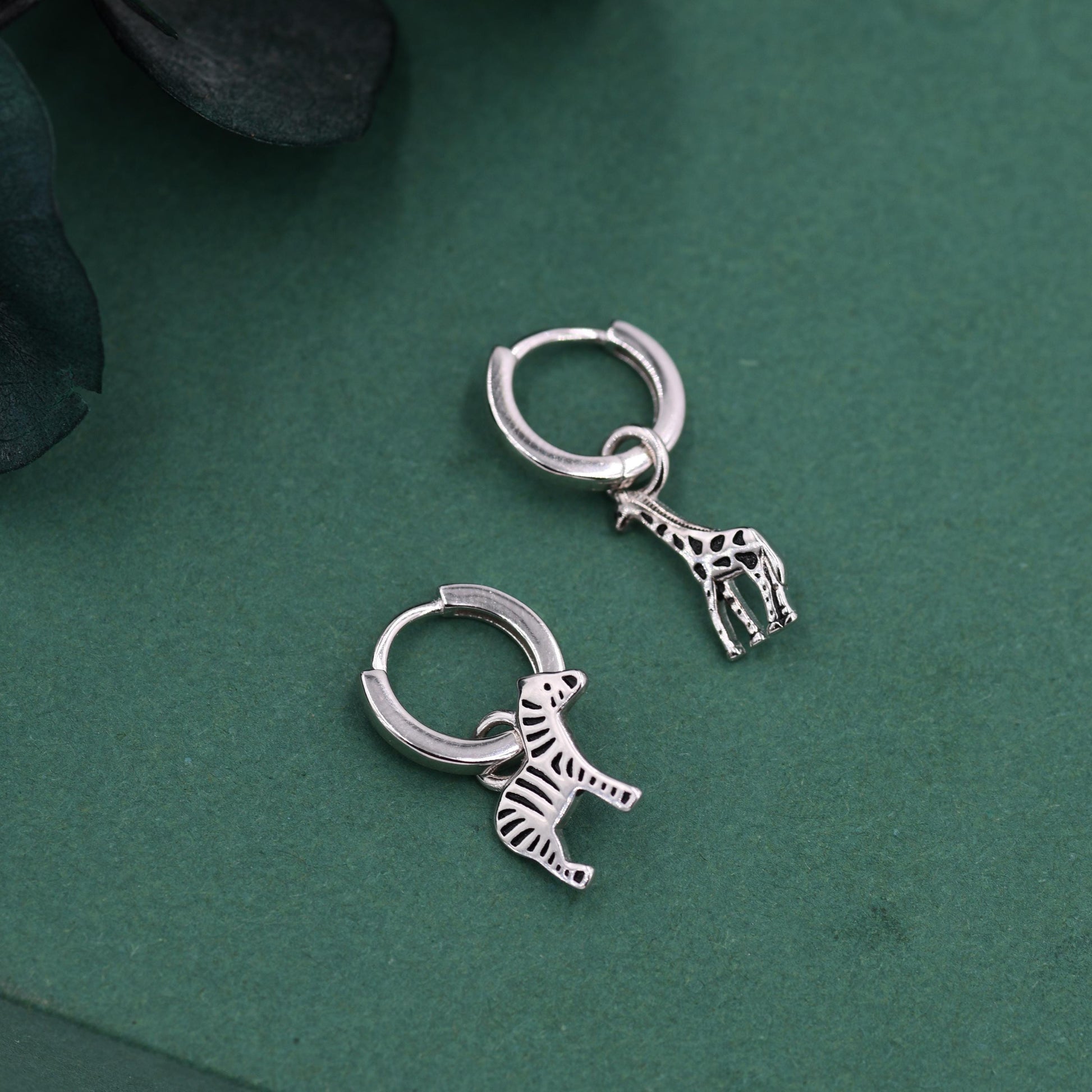 Sterling Silver Mismatched Zebra and Giraffe Hoop Earrings – Safari Animal Jewellery for Nature Lovers, Detachable Hoops