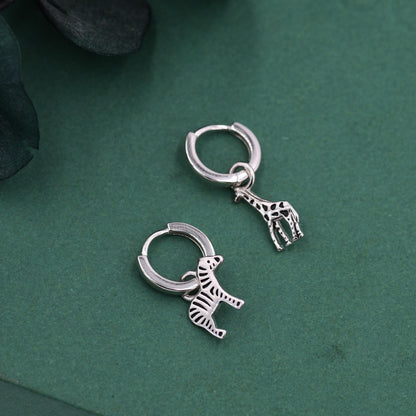 Sterling Silver Mismatched Zebra and Giraffe Hoop Earrings – Safari Animal Jewellery for Nature Lovers, Detachable Hoops