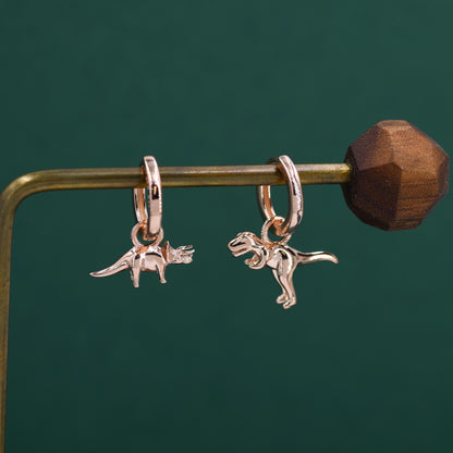 Sterling Silver Mismatched T-Rex and Triceratops Hoop Earrings – Dinosaur Jewellery for Prehistoric Lovers, with Detachable Charms
